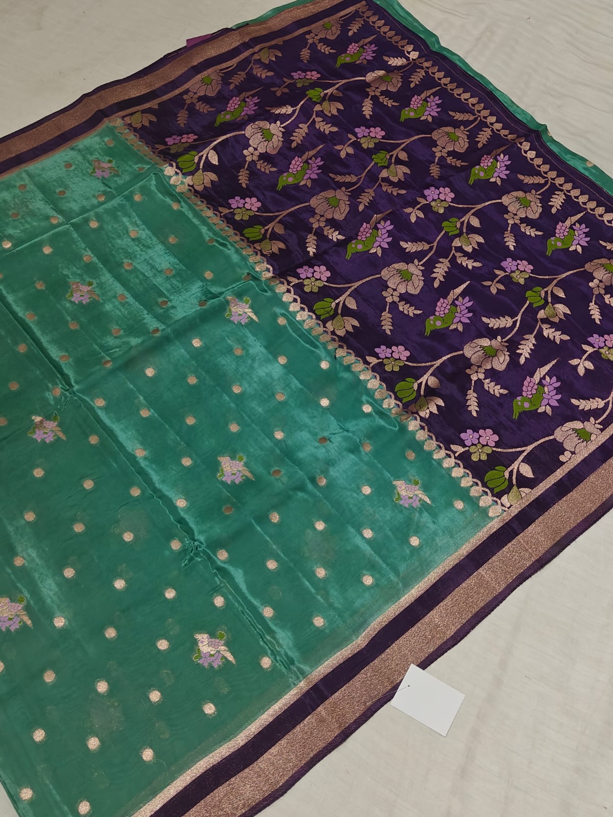 Emerald Green [Banarasi] Silk Saree — Purple Floral Pallu